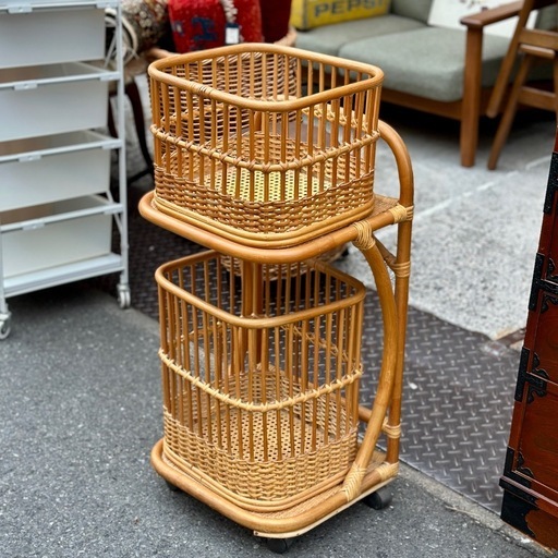 籐/ラタン家具】キャスター付 2段ワゴン 収納バスケット付 ラタン