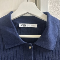 ZARA　ニットワンピース　リブニット　襟付き　きれいめ　ネイビー　（S）の画像
