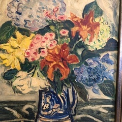 アンティーク油絵、初夏の花、縦70cm横62cmの画像