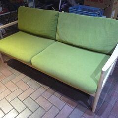 木製フレーム 2.5人掛け ベンチソファ 幅162cm ナチュラル×ライトグリーン 2Pソファ ソファー 長椅子 札幌市東区 新道東店の画像