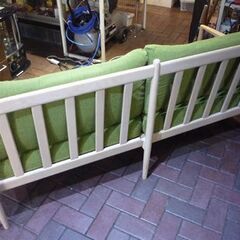 木製フレーム 2.5人掛け ベンチソファ 幅162cm ナチュラル×ライトグリーン 2Pソファ ソファー 長椅子 札幌市東区 新道東店の画像