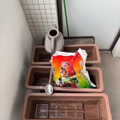 プランター、土、受け皿、じょうろのセットの画像