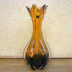 ☆MALTI GLASS 花瓶 フラワーベース 高さ270mm 幅150mm マルティグラス オレンジ 琥珀色 アンバー マローペ柄 花器 元箱付き ガラス 工芸品 札幌市 豊平区 平岸店の画像