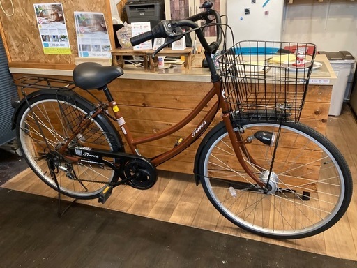 【チェーン新品！】 LEDオートライト　6段変速　26インチ自転車　ブラウン