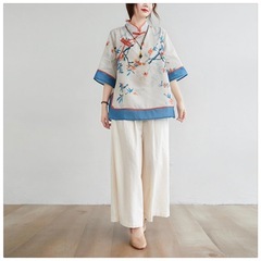 トップス　チャイナ服　シャツ　ブラウス　麻　花柄　レディース　ブルー　青　XL チャイナの画像