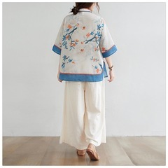 トップス　チャイナ服　シャツ　ブラウス　麻　花柄　レディース　ブルー　青　XL チャイナの画像