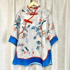 トップス　チャイナ服　シャツ　ブラウス　麻　花柄　レディース　ブルー　青　XL チャイナの画像