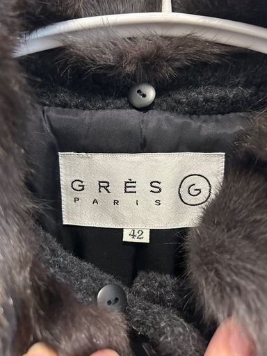 公式 GRES parisダークグレーのファー付きアルパカ Lサイズ ウール混コート