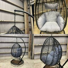 K44 不二貿易 ハンギング チェア ゆりかご 椅子 美品 ブラック 卵型 吊り下げ式 クッション付き インテリア 家具  の画像
