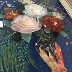 ○天然石画 石細工 宝石画 花 花瓶 フラワーベース 香宝 ストーンアート  インテリア サイズ47×57×5㎝ 額入り 和風  中古品(NF251209)563-1-②の画像