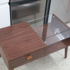 ローテーブル 引き出し付き 幅80cm 天板半分ガラス リビングテーブル ブラウン ☆ 札幌市 北区 屯田 の画像