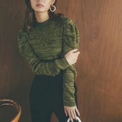ミックスネック　編み地切替　パフスリーブニット FREE'S MART グリーンの画像