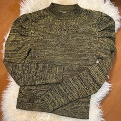 ミックスネック　編み地切替　パフスリーブニット FREE'S MART グリーンの画像