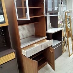 リユースのサカイ栃木店★ジモティ割あり★ 末次家具 食器棚 ブラウン×シルバー W80×D45×H180 クリーニング済み TC11895の画像