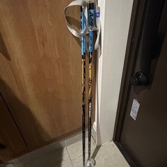 スキー板、ストック、ブーツ、ケースのセットの画像