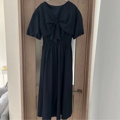 バルーン袖 ロングワンピース ネイビー 36 バックリボンの画像