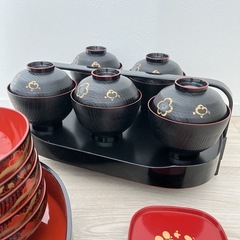 昭和レトロちらし寿司 寿司桶 ちらし寿司容器5個セット 杓文字付き 金色花模様の画像