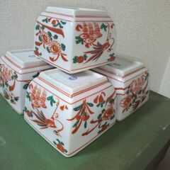 未使用　京都たち吉 赤絵 花鳥柄 四角小鉢 五個セット　容量300㎖