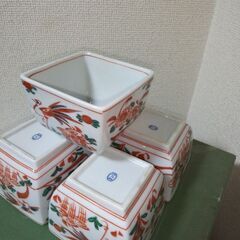 未使用　京都たち吉 赤絵 花鳥柄 四角小鉢 五個セット　容量300㎖の画像
