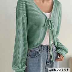SHEIN 前結び ドロップショルダーリブニット グリーン Lサイズの画像