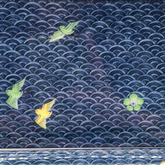 ss8166　庫山窯 和皿 4枚セット 青 波柄 小鳥 梅 絵付け 平皿 スクエア 取り皿 角皿 和食器 和風 レトロ食器 中古の画像