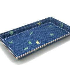 ss8166　庫山窯 和皿 4枚セット 青 波柄 小鳥 梅 絵付け 平皿 スクエア 取り皿 角皿 和食器 和風 レトロ食器 中古の画像