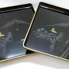 ★▲沈金 山水図 会席膳 5客セット 黒塗 漆器 お盆 幅36cm お膳 敷膳 四方盆 角盆 プレート トレー 懐石道具 mの画像