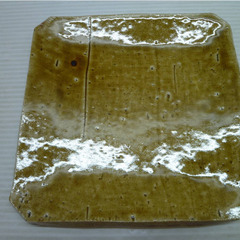 ★▲瀬戸焼　黄瀬戸　加藤敬也？ 四方皿 盛皿 角皿 菓子皿 木箱 幅約19cm 共箱 懐石道具 lの画像