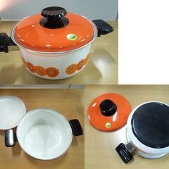 長期保管品 三基 18cm 琺瑯鍋 お玉セット ホーロー ソースパン ソースポット オレンジ 昭和レトロ 当時物 花柄 札幌市 新道東店の画像