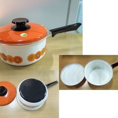 長期保管品 三基 18cm 琺瑯鍋 お玉セット ホーロー ソースパン ソースポット オレンジ 昭和レトロ 当時物 花柄 札幌市 新道東店の画像