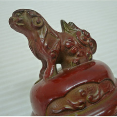 ★▲金属製 中島清？ 獅子蓋 龍紋 双耳 三足 三つ足 香炉 高脚 高足 香爐 高さ17.5cm 約390g 茶道具 華道具 bの画像