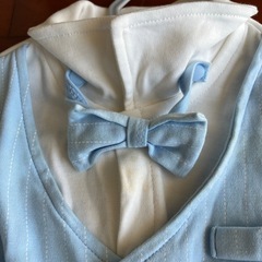 ベビー フォーマル ロンパース ベスト 蝶ネクタイ ストライプ ブルー　くつ　セットの画像