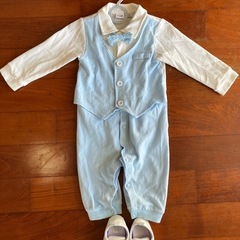ベビー フォーマル ロンパース ベスト 蝶ネクタイ ストライプ ブルー　くつ　セットの画像
