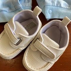 ベビー フォーマル ロンパース ベスト 蝶ネクタイ ストライプ ブルー　くつ　セットの画像