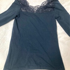 レディース　インナー　シャツ　肌着　レース　Vネック　スクエアネック　暖綿　あったかインナー　ブラック　М　９部袖　の画像