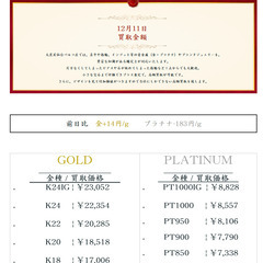 大黒屋仙台パルコ店 12/11 本日の貴金属の買取金額