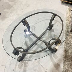 I11★ガラスローテーブル★アイアンフレーム オーバル 楕円形 W約115cm モダン インテリア 店舗ディスプレイ の画像