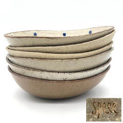 ss8168　絵変わり 浅鉢 6枚セット オーバル系 ボウル space？ 陶器 和テイスト 食器 カレー パスタ サラダ 多様丼 しずく型 オシャレ 深皿 中古の画像