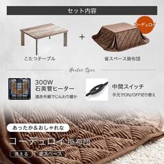 未使用/新品　訳ありアウトレット　こたつ 2点セット 長方形 75×60 一人用 ストーン調 コーデュロイ掛布団 【こたつ本体+掛布団】300W 石英管ヒーター ストーングレーの画像