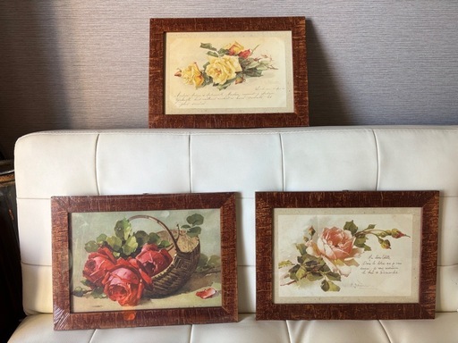 イタリー製絵画３点セット　　バラ　ウッドフレーム　アンティーク風 イタリー製 絵画3点セット アンティーク風