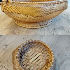 竹籠 持ち手付き 脚付き 竹かご 竹カゴ 古道具 古民具 ヴィンテージ バスケット　/TJ-2695の画像