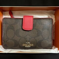 ◆4,000円◆COACH コーチ◆二つ折り財布 L字ファスナー コンパクトウォレット◆キャンバス シグネチャー◆ブラウン×レッド◆箱付き◆少し剥げあり◆の画像