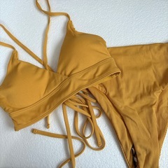 水着　ビキニ　レディース　バッククロス　イエロー　サイド編み　Sの画像