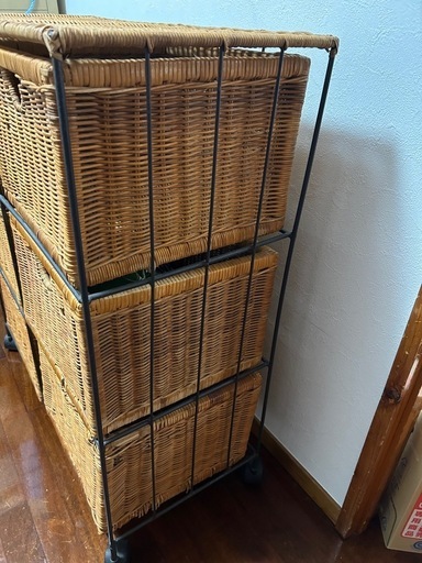 ラタンチェスト アイアンフレーム 3段 籠6個 キャスター付き (KayKay