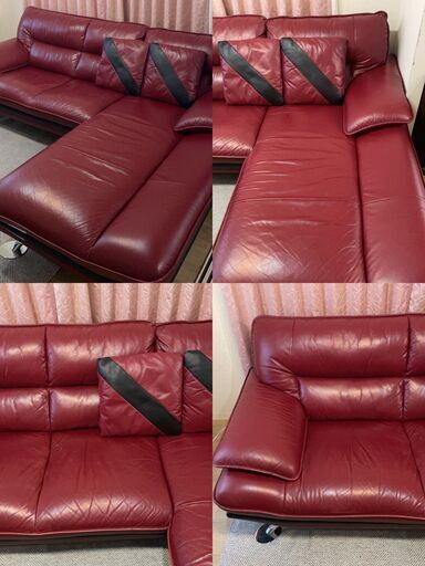 ニトリ　本革　カウチソファー　ロゾ4（RED）