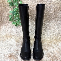 美品 ing 黒 レザー ロングブーツ 23cm サイドジップ ファスナー付きの画像