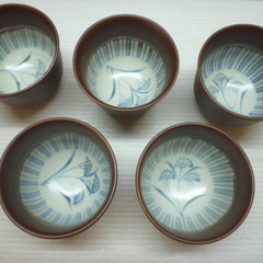 ☆▲九谷焼　松本佐一　汲出碗　湯呑み　陶器　食器　工芸品　5客セット　共箱　gの画像
