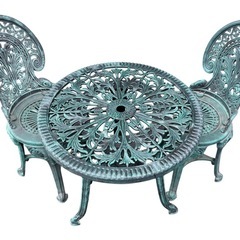 NO.2656 ガーデンテーブル チェア2脚セット アルミ鋳物 グリーン 屋外 家具 中古の画像