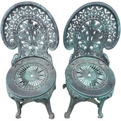 NO.2656 ガーデンテーブル チェア2脚セット アルミ鋳物 グリーン 屋外 家具 中古の画像