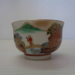 ☆▲九谷焼　酒器揃　徳利2本　ぐいみ5客　セット　赤絵　風景図　木箱　eの画像